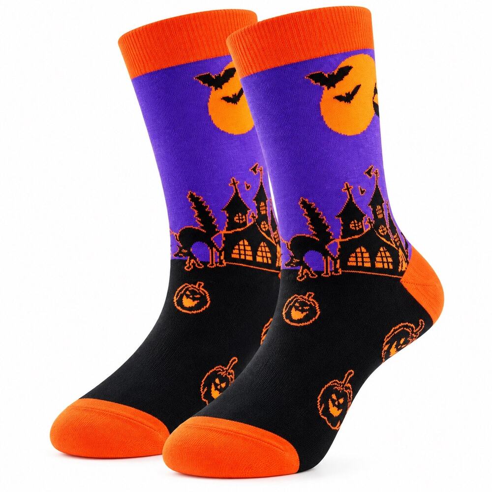 Halloween Purple Orange Haunted House Pumpkin Crew Socks NWOT